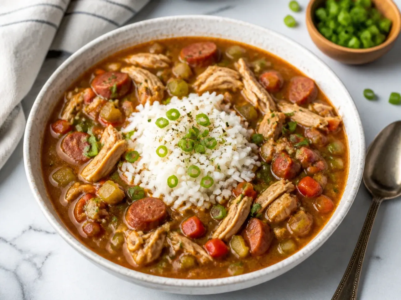 Creative chicken gumbo recipe made with smoked turkey and shredded chicken