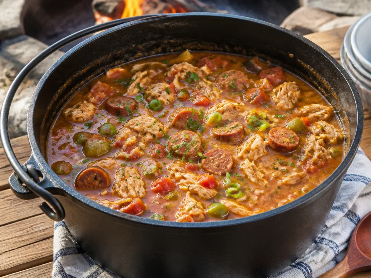 Charming campfire chicken gumbo recipe cooked in a cast-iron Dutch oven outdoors