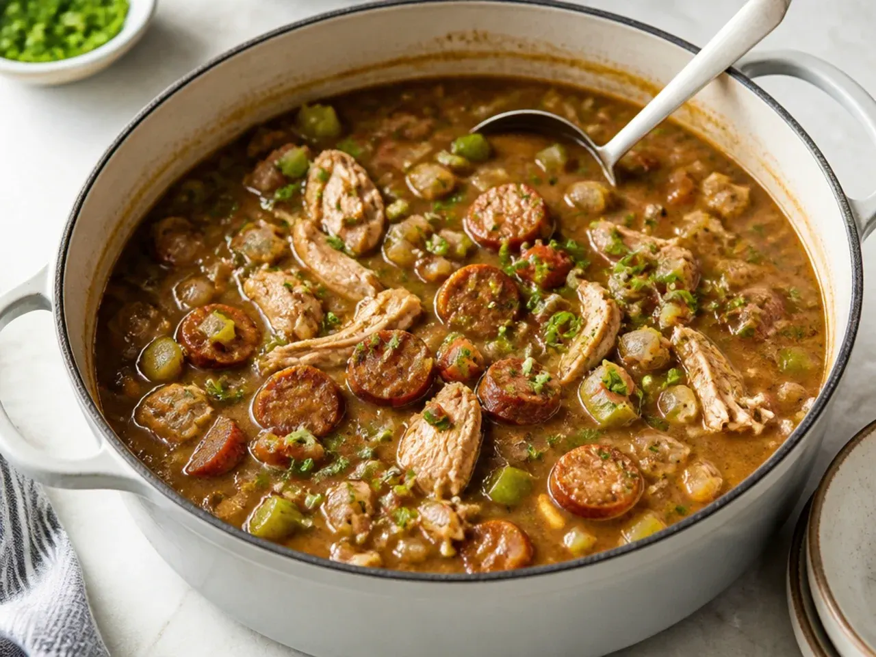 Easy sausage-forward one-pot chicken gumbo recipe with minimal cleanup