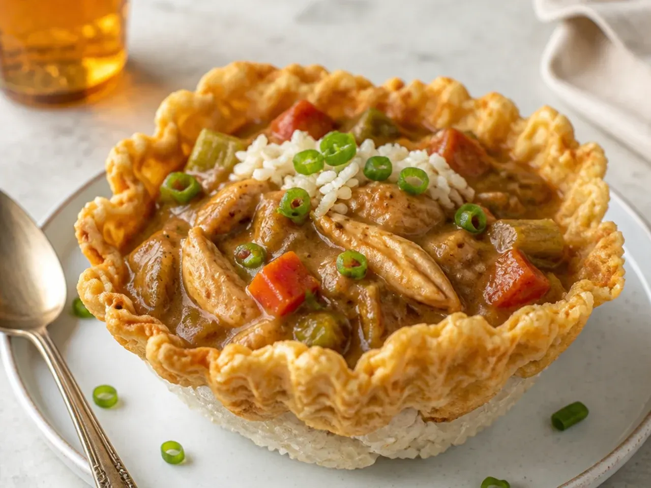 Playful chicken gumbo recipe served over crispy rice waffle bowls