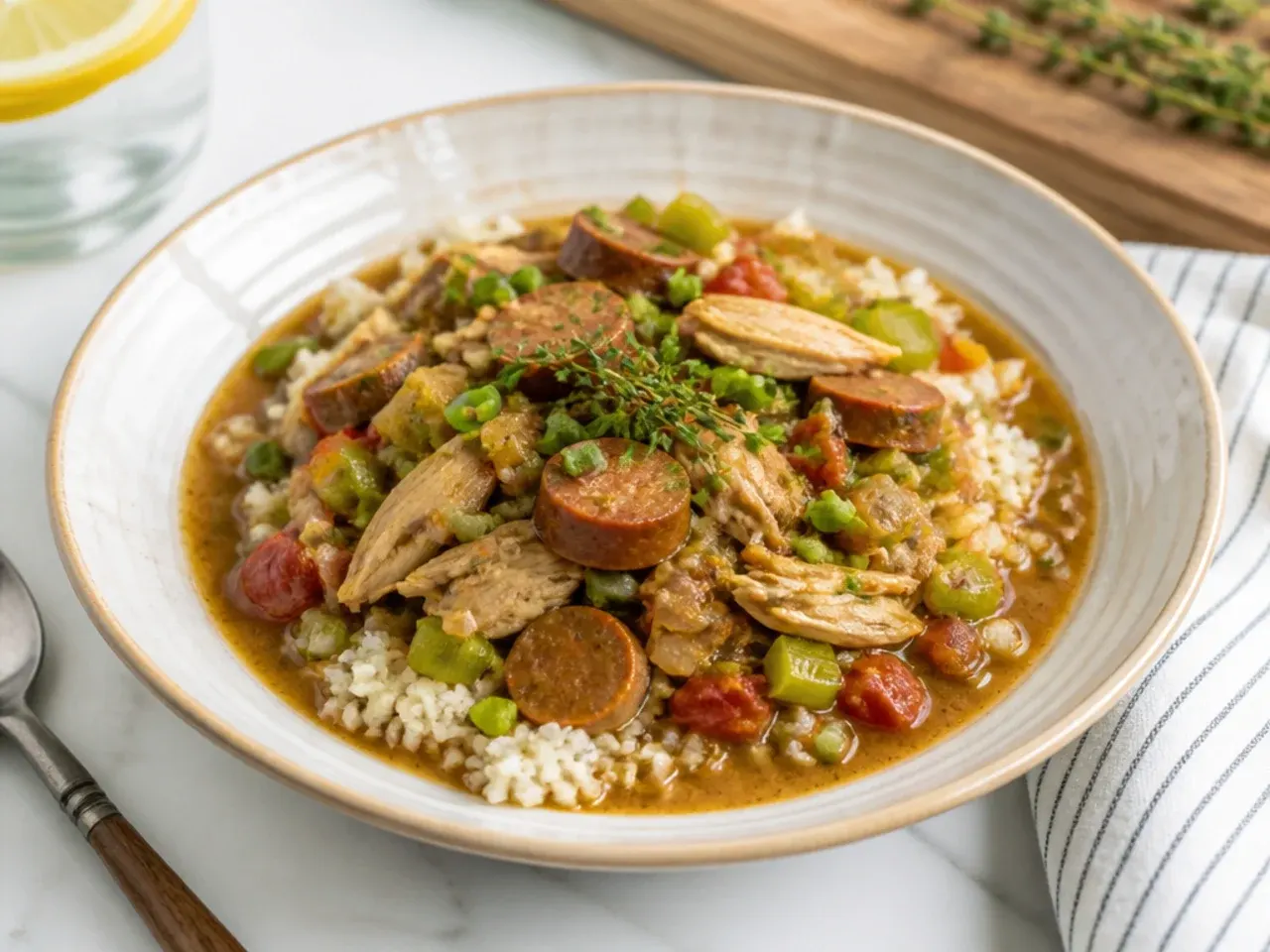 Modern low-carb chicken gumbo recipe served over cauliflower rice