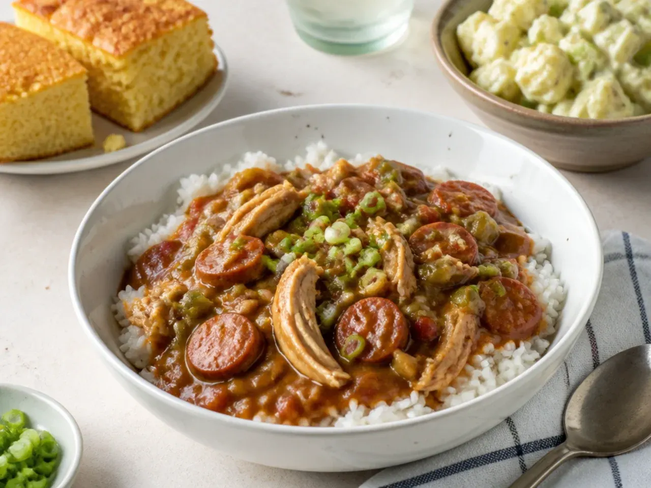 Chicken gumbo recipe served over rice with cornbread and potato salad sides