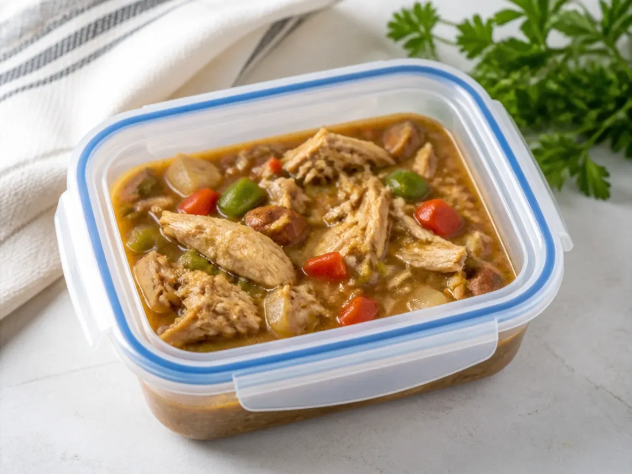 Storing and reheating leftover chicken gumbo recipe in an airtight container