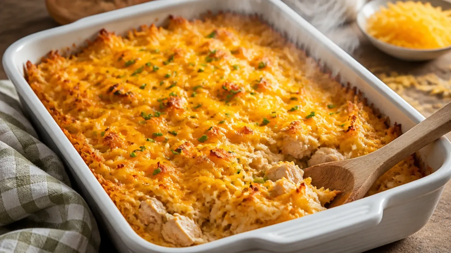 A golden-topped chicken hashbrown casserole in a white baking dish, fresh from the oven with melted cheddar and a crisp cornflake topping