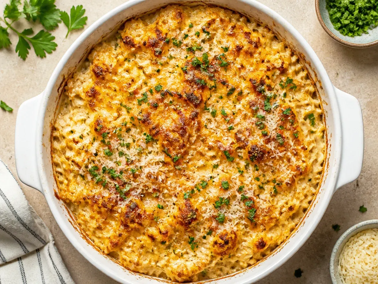 Classic chicken hashbrown casserole in a baking dish with a golden cheddar top
