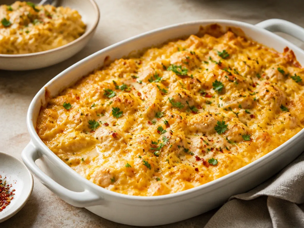 Quick weeknight chicken hashbrown casserole served straight from the oven