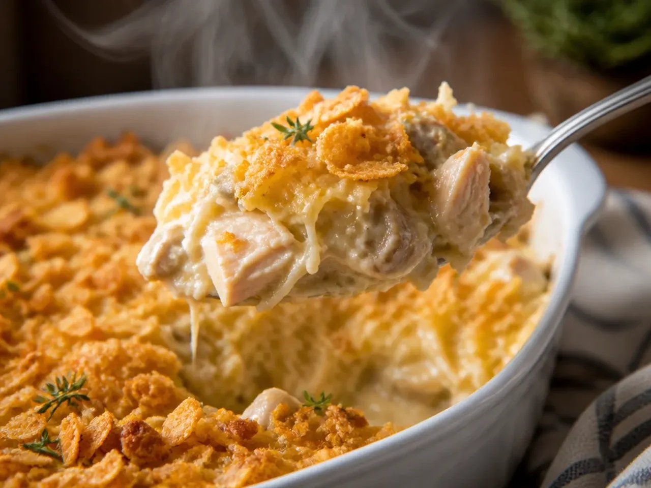 Slow cooker filled with creamy chicken hashbrown casserole, lid resting to the side
