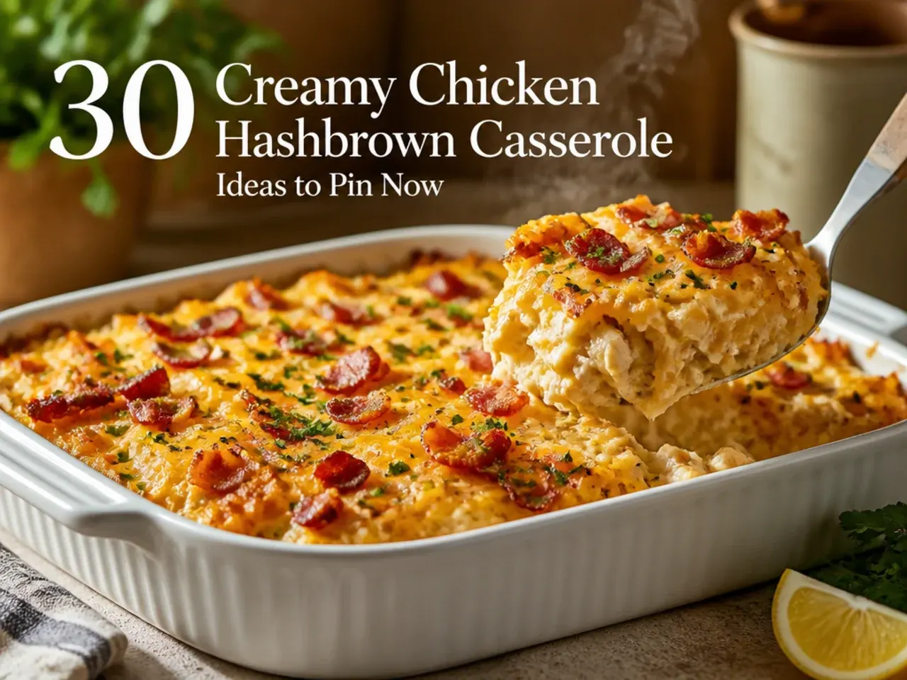 Bacon and cheddar loaded chicken hashbrown casserole topped with crumbled bacon