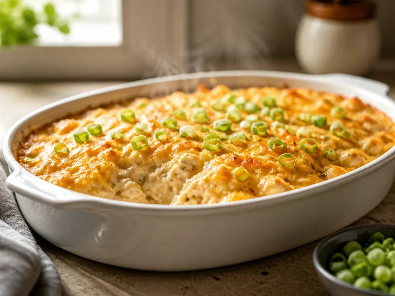 Ranch-seasoned chicken hashbrown casserole garnished with chopped chives