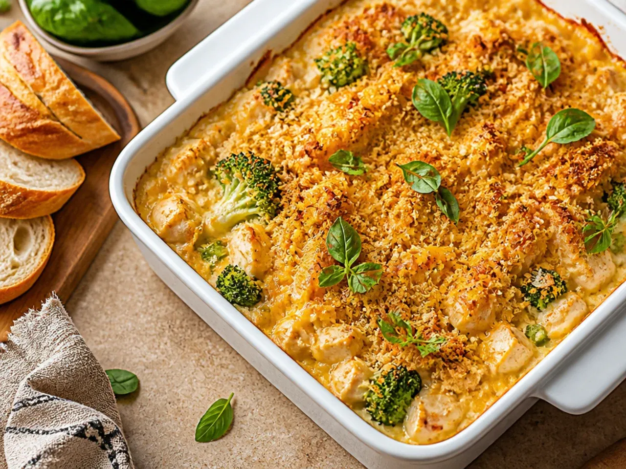 Broccoli cheddar chicken hashbrown casserole with visible green florets throughout