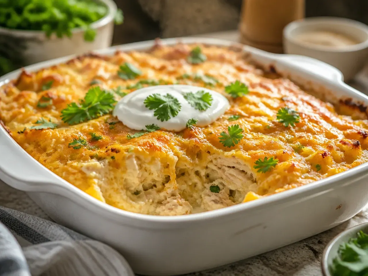 Close-up of three-cheese chicken hashbrown casserole with stretchy melted cheese