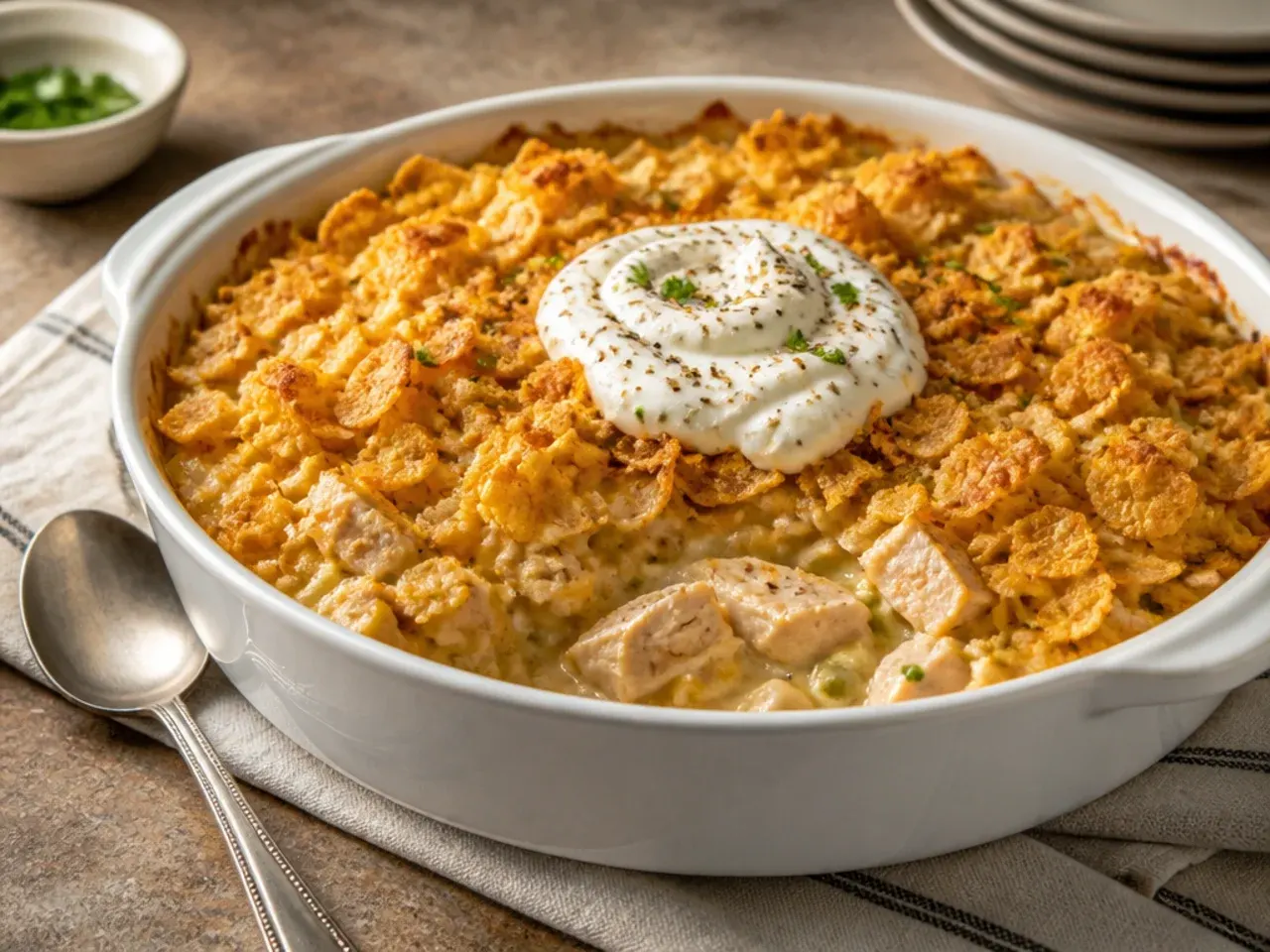 Cornflake-topped chicken hashbrown casserole with a crunchy golden crust