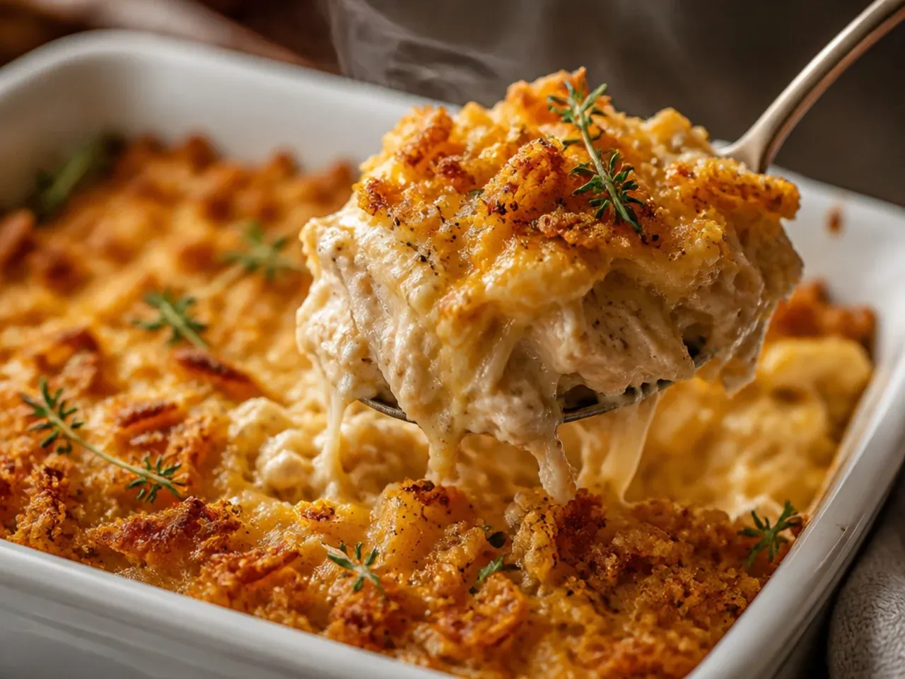 Cast-iron skillet chicken hashbrown casserole with a rustic golden top
