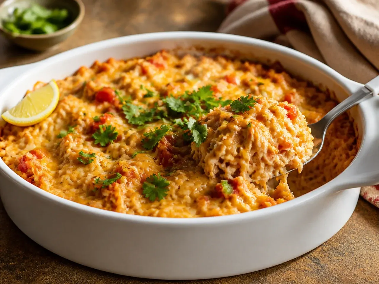 Tex-Mex chicken hashbrown casserole topped with crushed tortilla chips and coriander