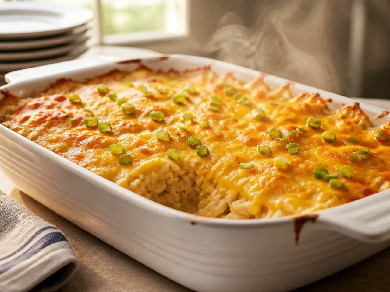 Large tray of family-size chicken hashbrown casserole ready for a potluck
