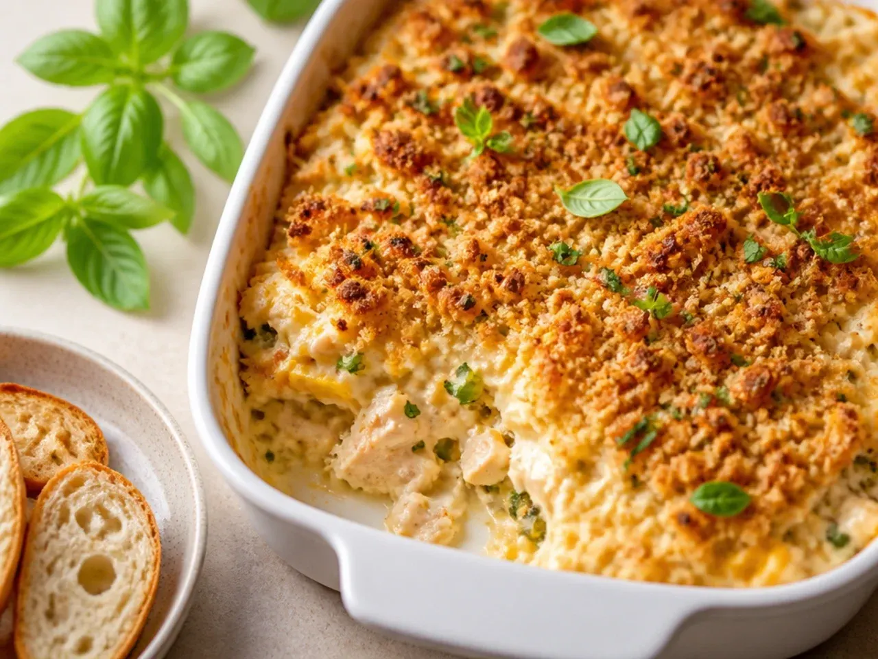 Chicken hashbrown casserole with an extra-crispy golden brown topping