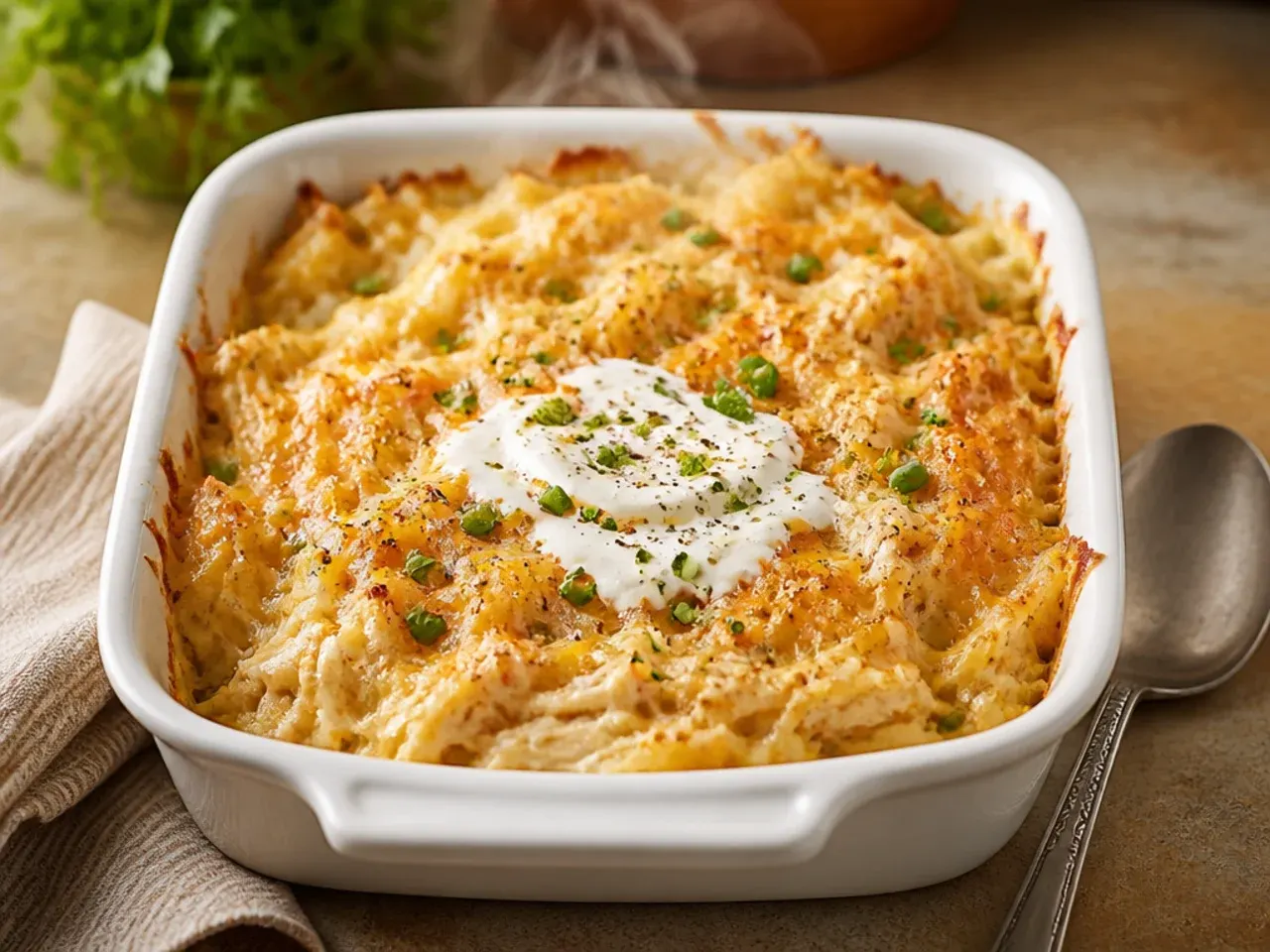 Southern-style chicken hashbrown casserole dusted with smoked paprika