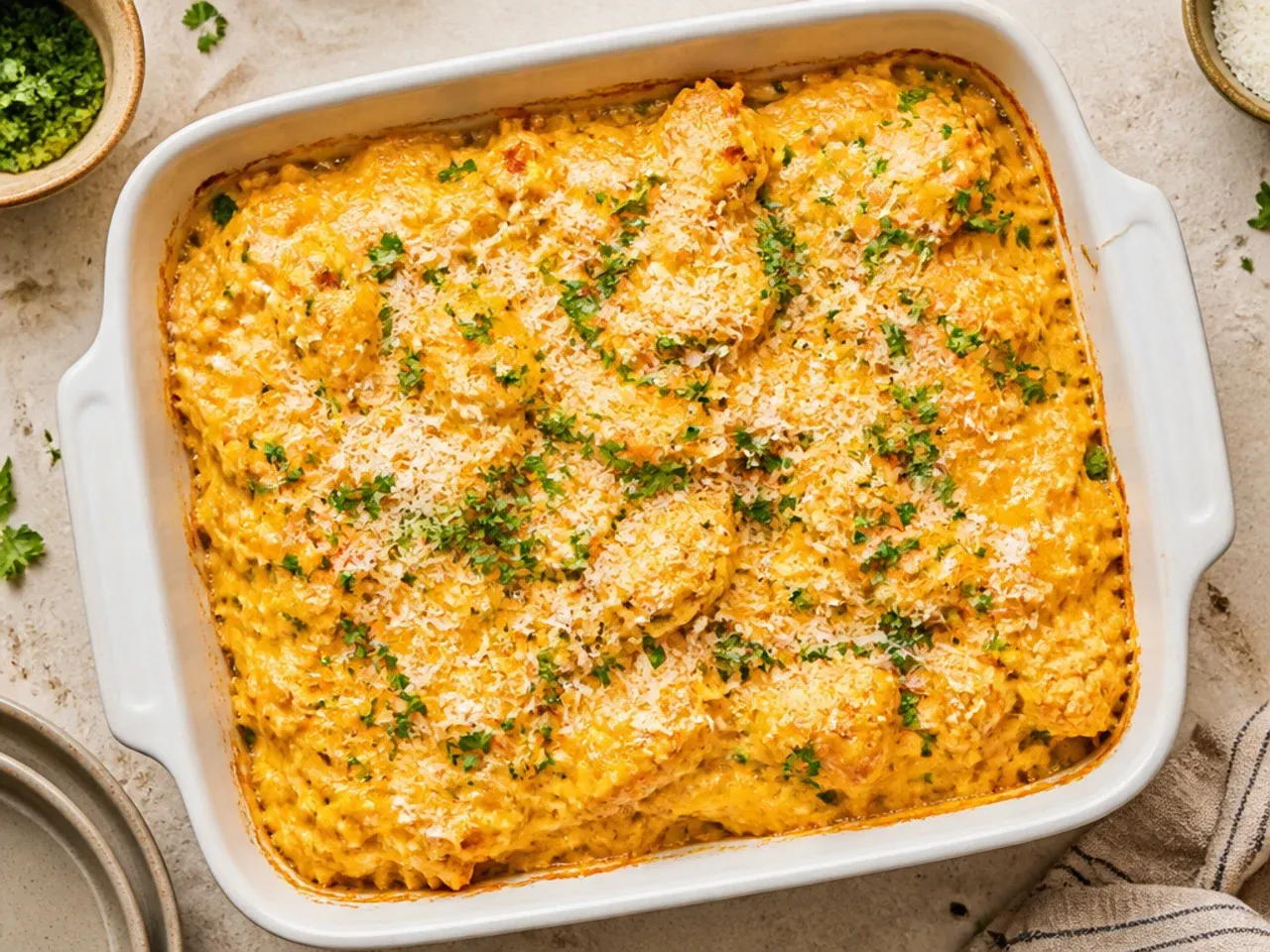 Buffalo chicken hashbrown casserole drizzled with ranch and scattered with celery