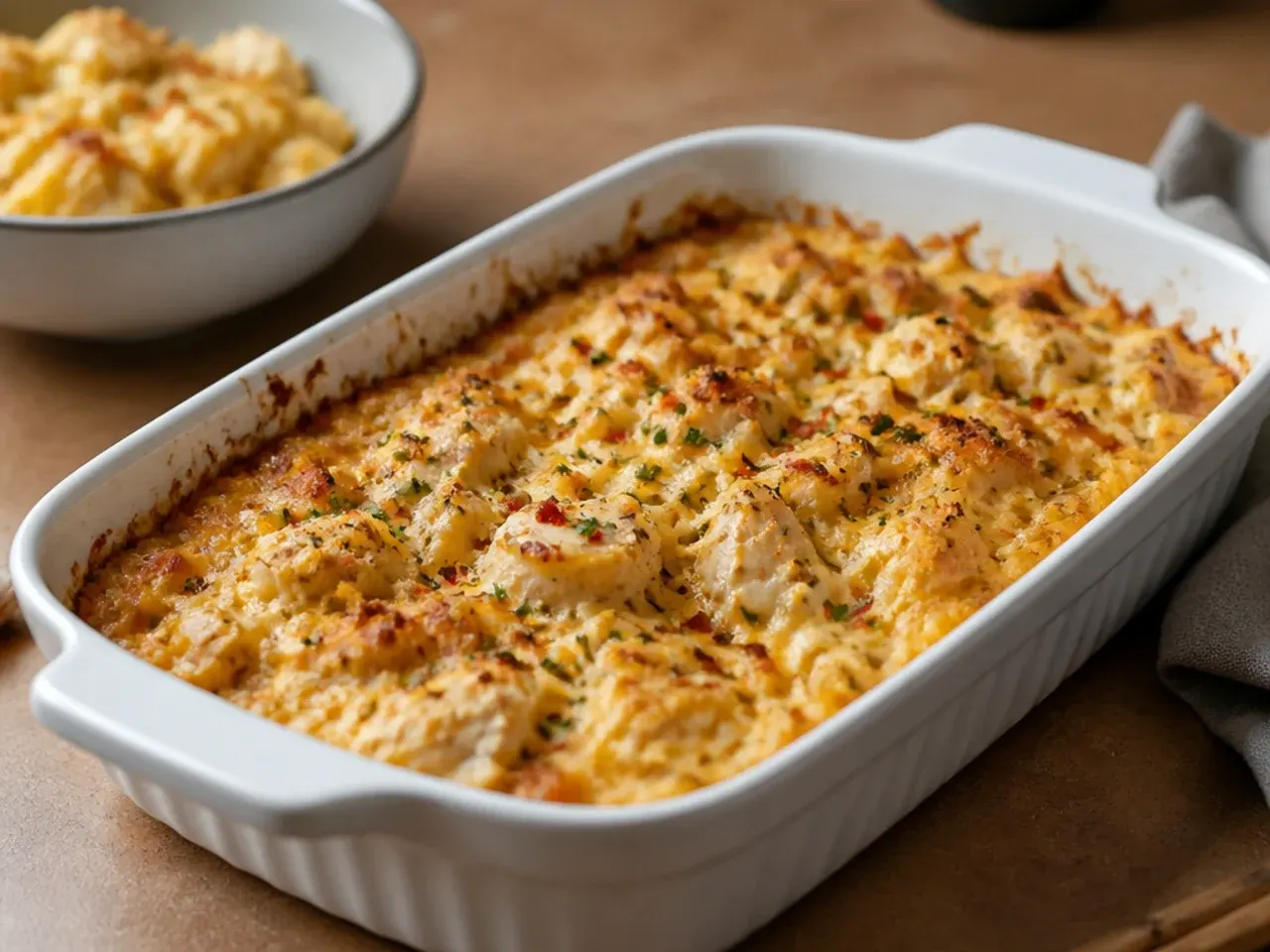 Low-carb chicken and cauliflower hashbrown-style casserole in a baking dish