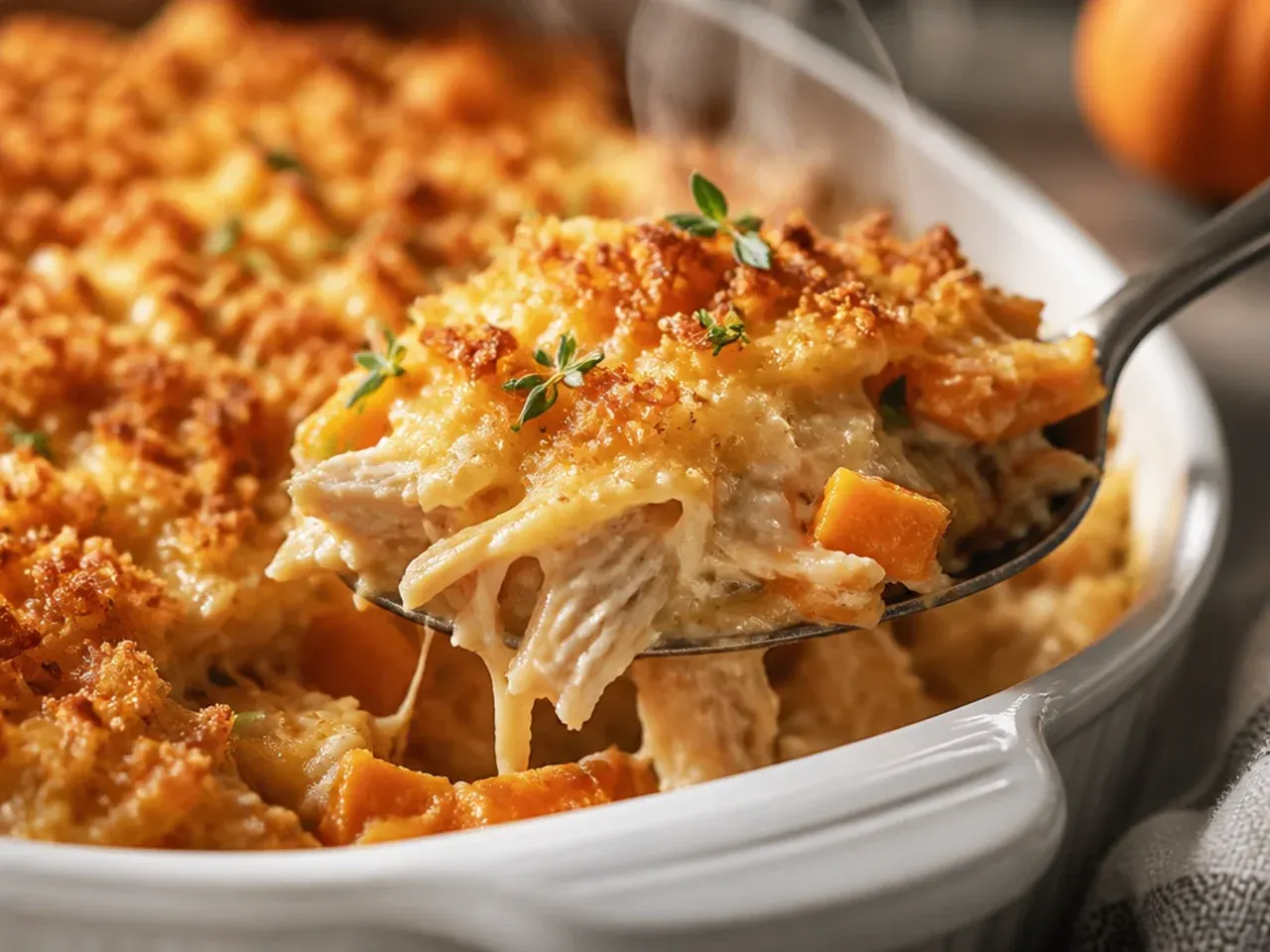 Chicken and sweet potato hashbrown casserole topped with fried sage leaves