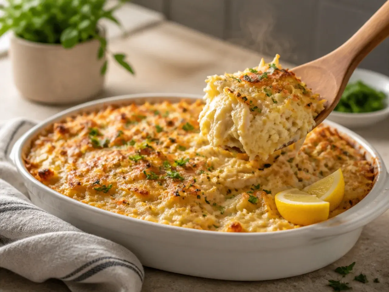 Creamy garlic parmesan chicken hashbrown casserole garnished with parsley