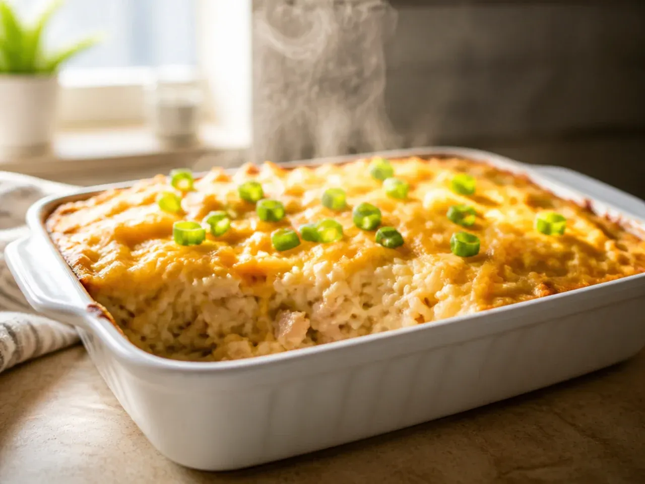 Simple five-ingredient chicken hashbrown casserole fresh from the oven