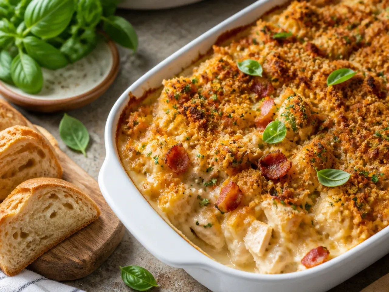 Cheesy bacon ranch chicken hashbrown casserole topped with spring onion