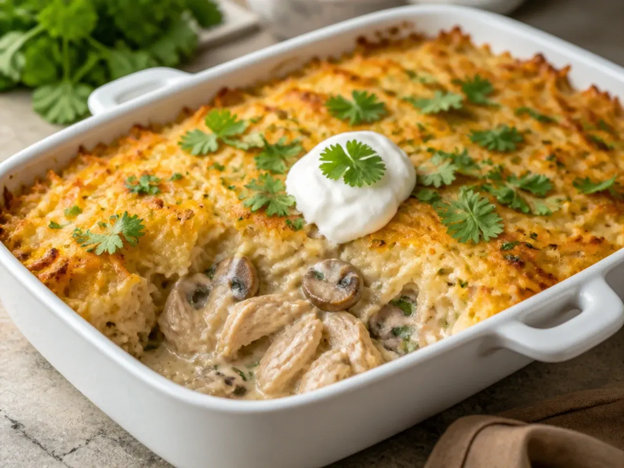Chicken and mushroom hashbrown casserole with visible sautéed mushroom slices