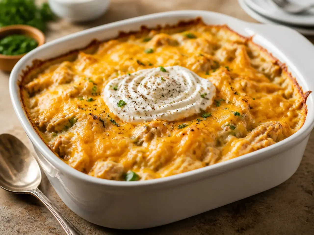 Large batch budget chicken hashbrown casserole made with a cottage cheese binder and kidney bean stretch