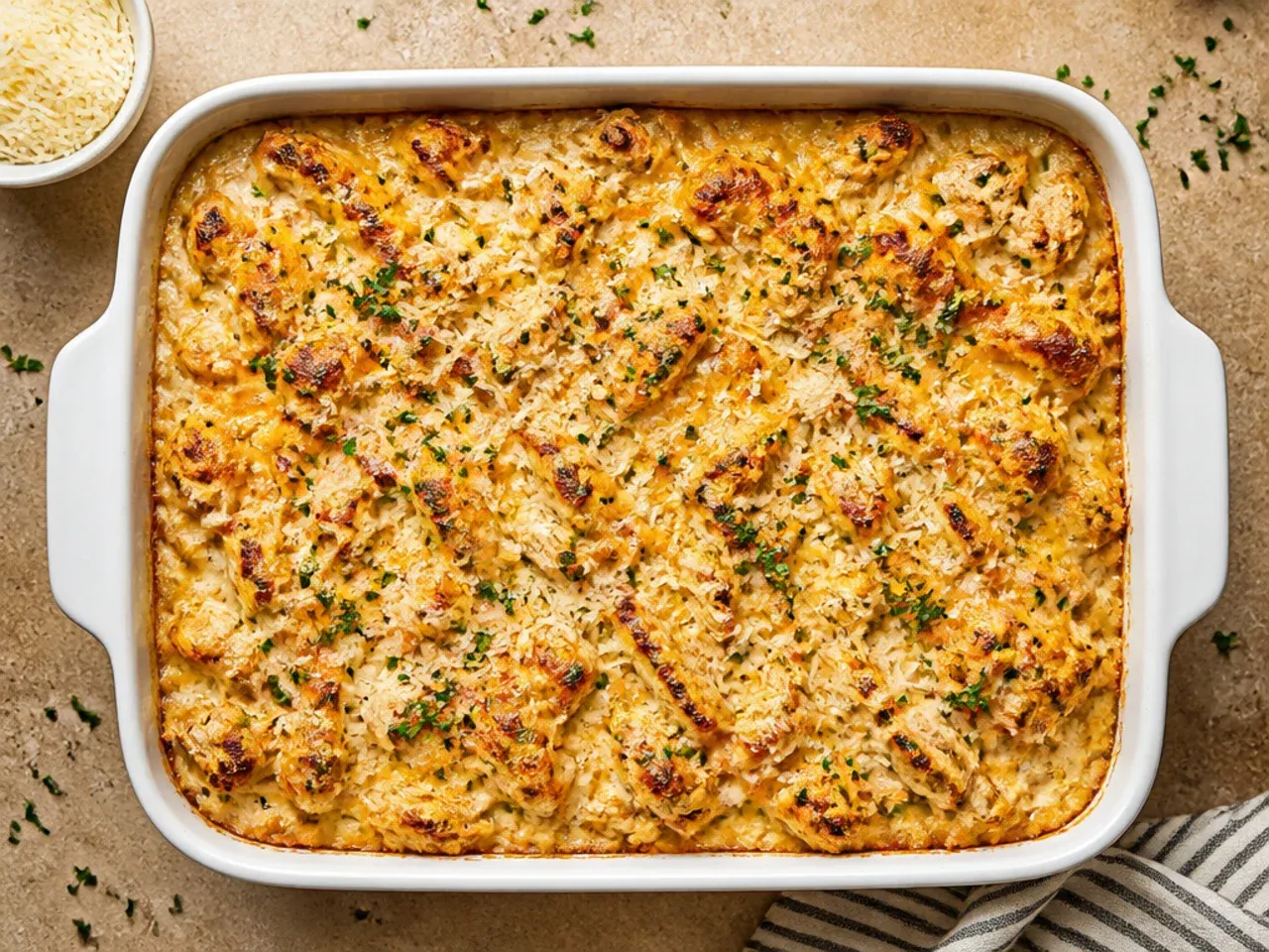 Sheet-pan chicken hashbrown casserole cut into crispy-edged squares