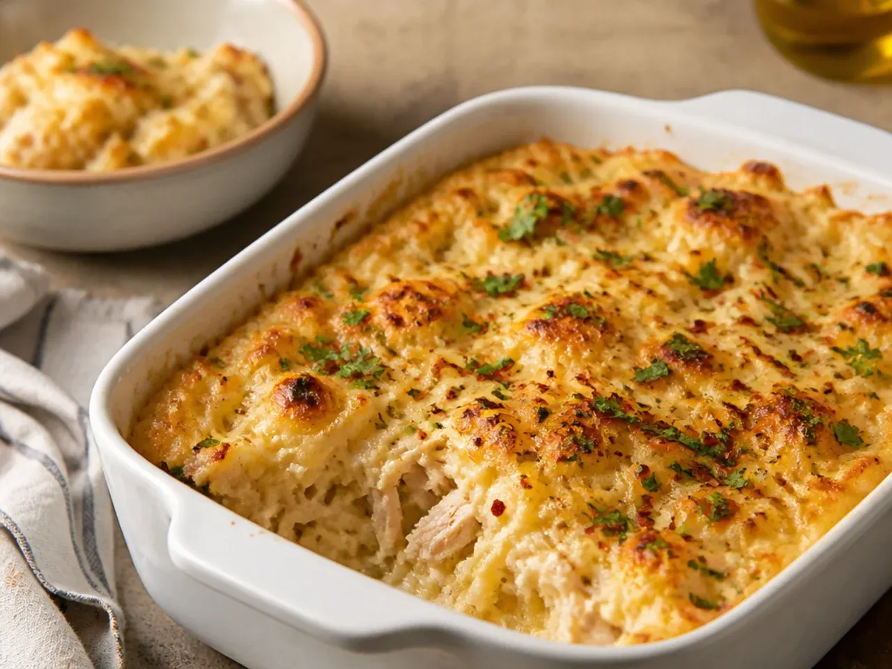 Rustic farmhouse chicken and hand-grated potato bake in a ceramic dish