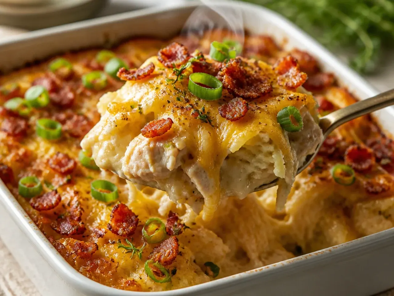Loaded baked-potato style chicken hashbrown casserole topped with sour cream and chives