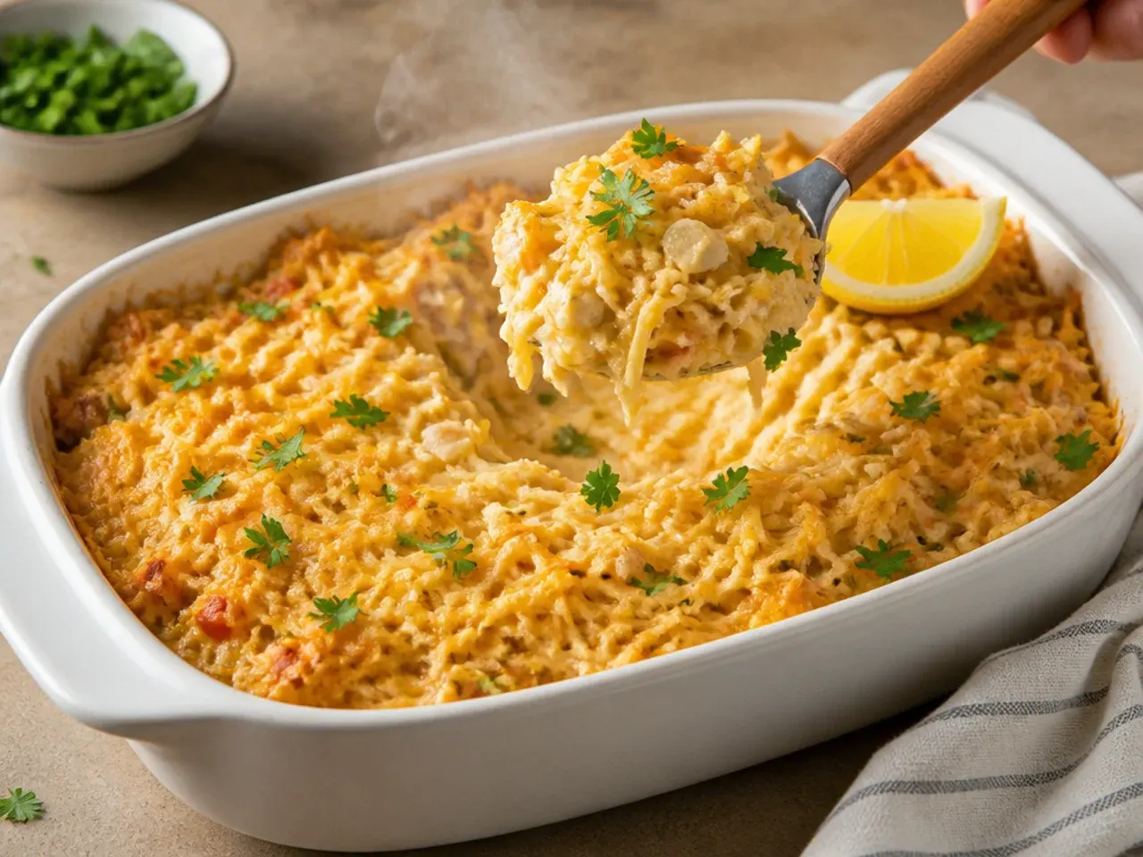 Two matching dishes of chicken hashbrown casserole, one ready to freeze
