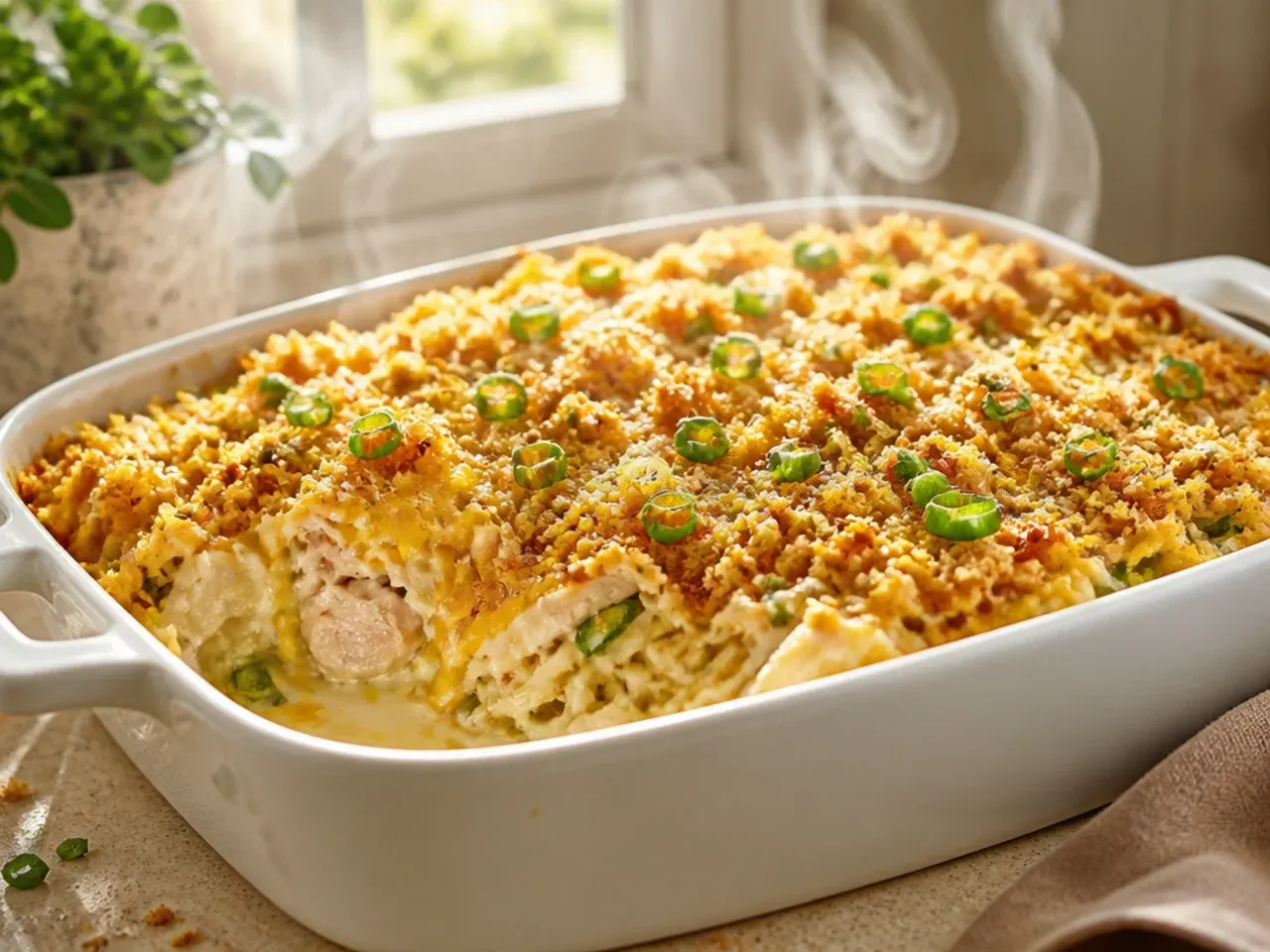 Chicken hashbrown casserole with a golden buttery cracker crust