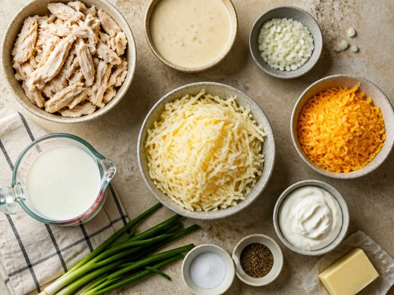 Close-up of a spoon lifting a portion of chicken hashbrown casserole showing creamy texture