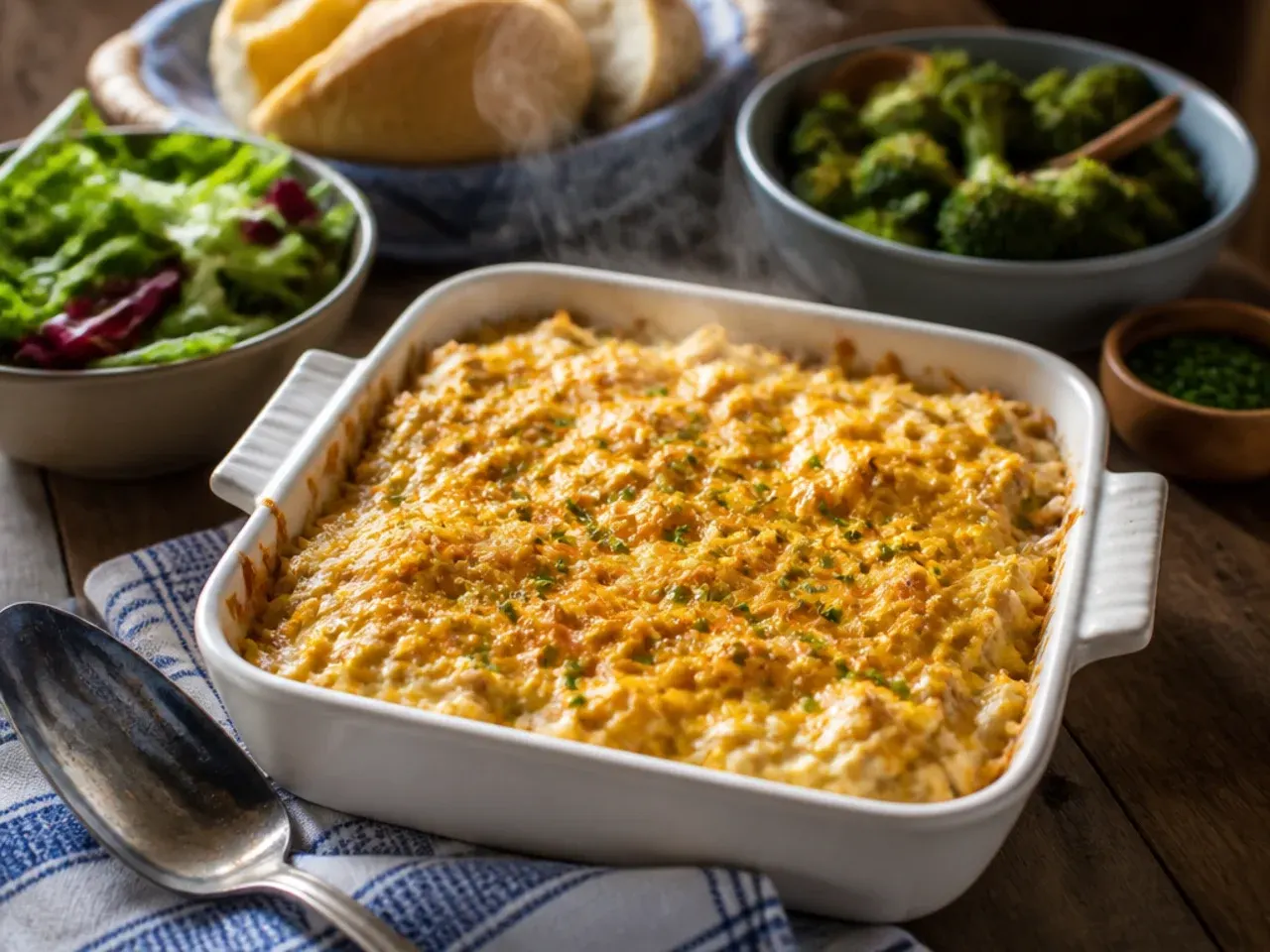 Plated chicken hashbrown casserole served with a side salad and dinner roll