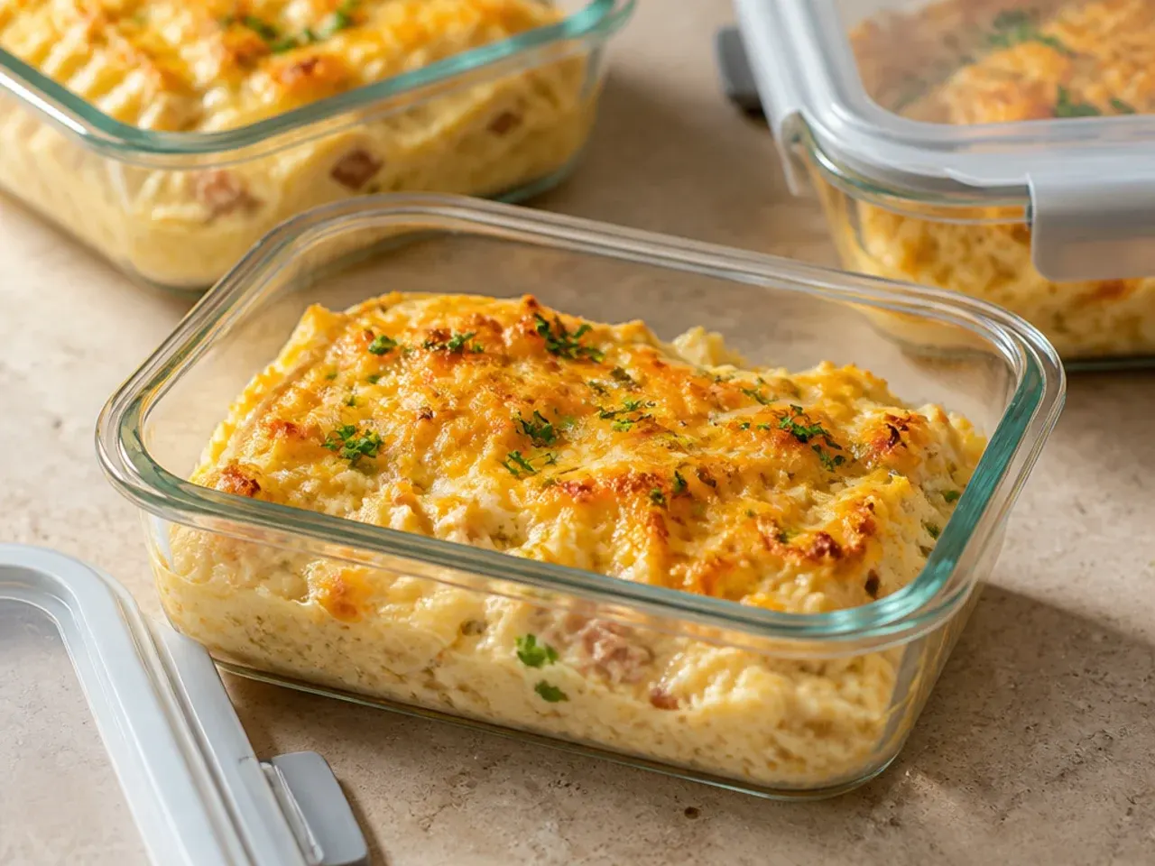 Leftover chicken hashbrown casserole portioned into containers for storage