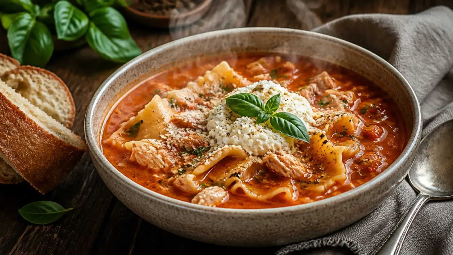 A steaming bowl of creamy chicken lasagna soup topped with a dollop of ricotta, melted mozzarella, and fresh basil, with crusty garlic bread on the side.