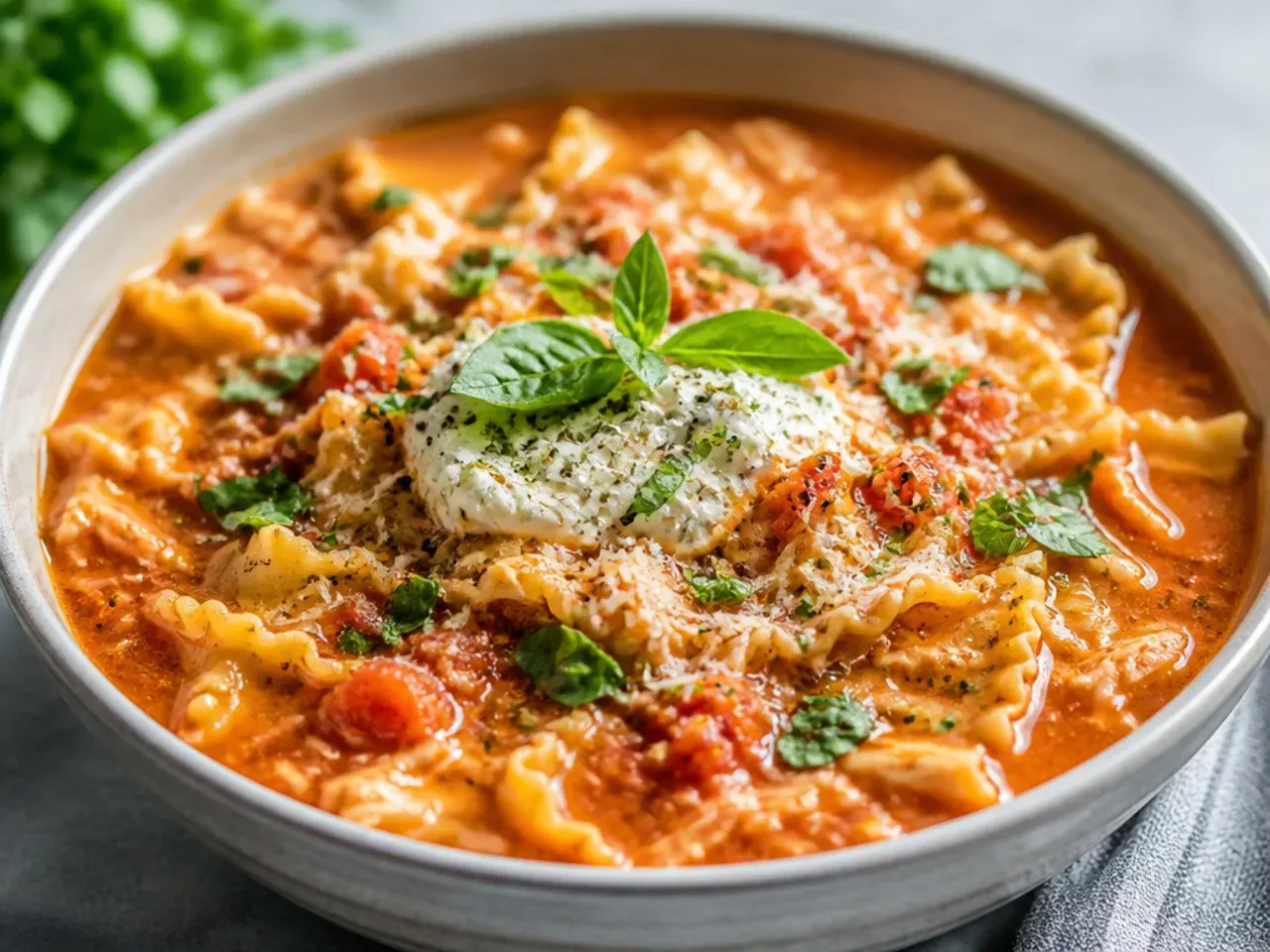 Overhead shot of a large pot of chicken lasagna soup surrounded by fresh basil, garlic, and grated cheese.