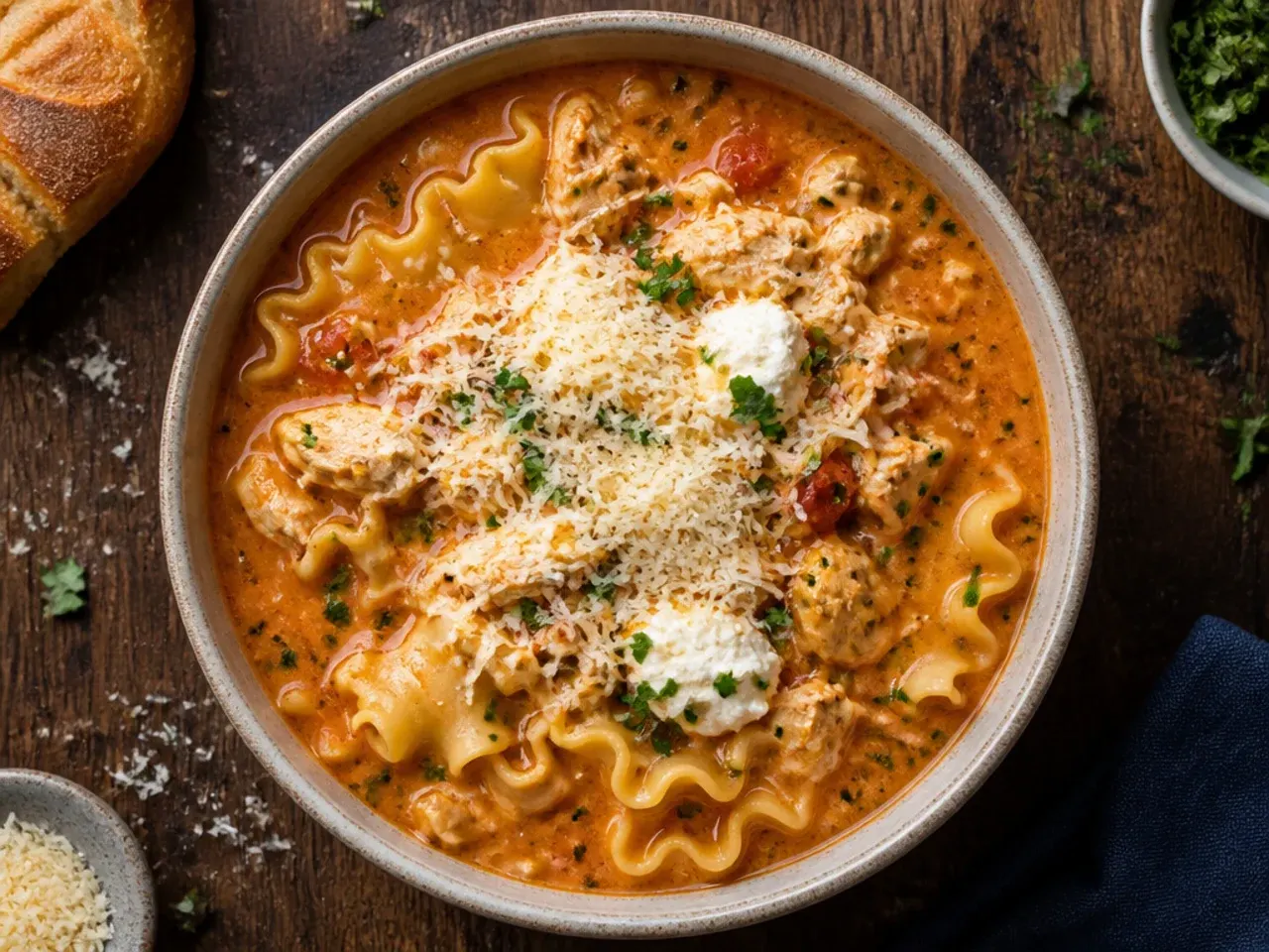 Close-up of classic tomato-based chicken lasagna soup with broken pasta pieces and melted mozzarella.