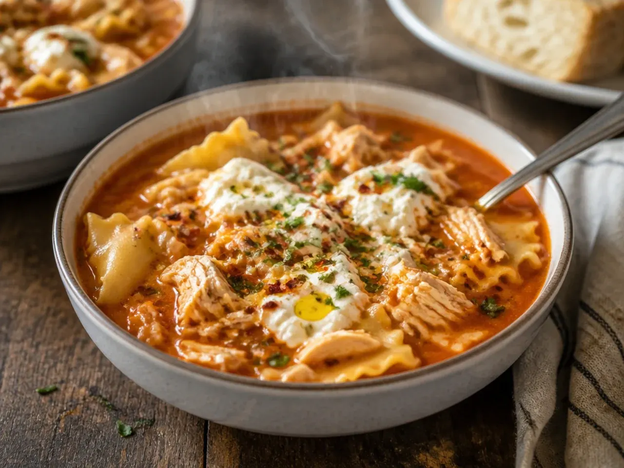 Shredded rotisserie chicken being stirred into a simmering pot of lasagna soup.
