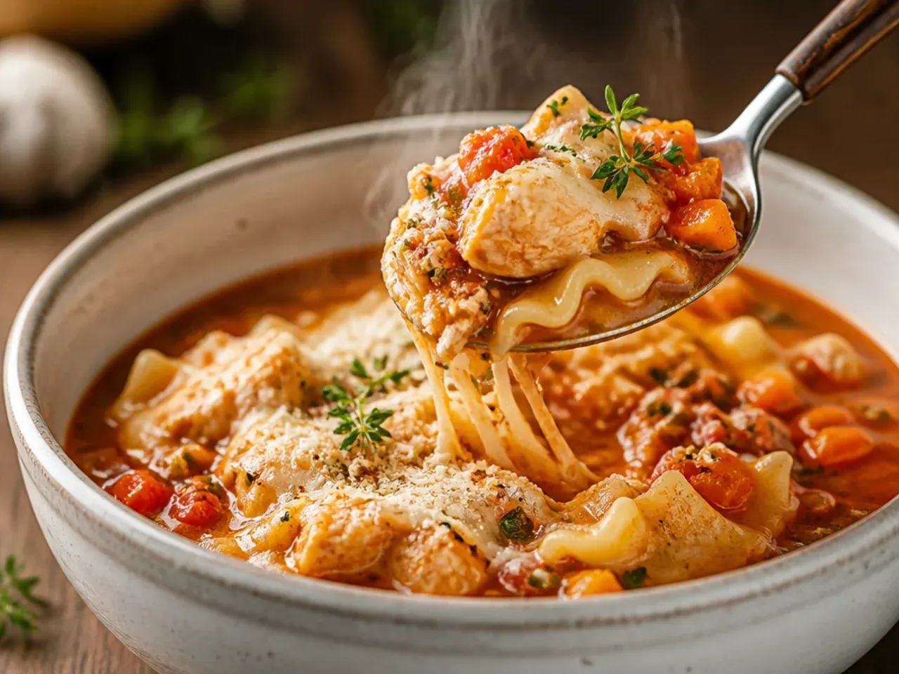 Chunky chicken lasagna soup loaded with diced carrots, celery, mushrooms, and courgette.