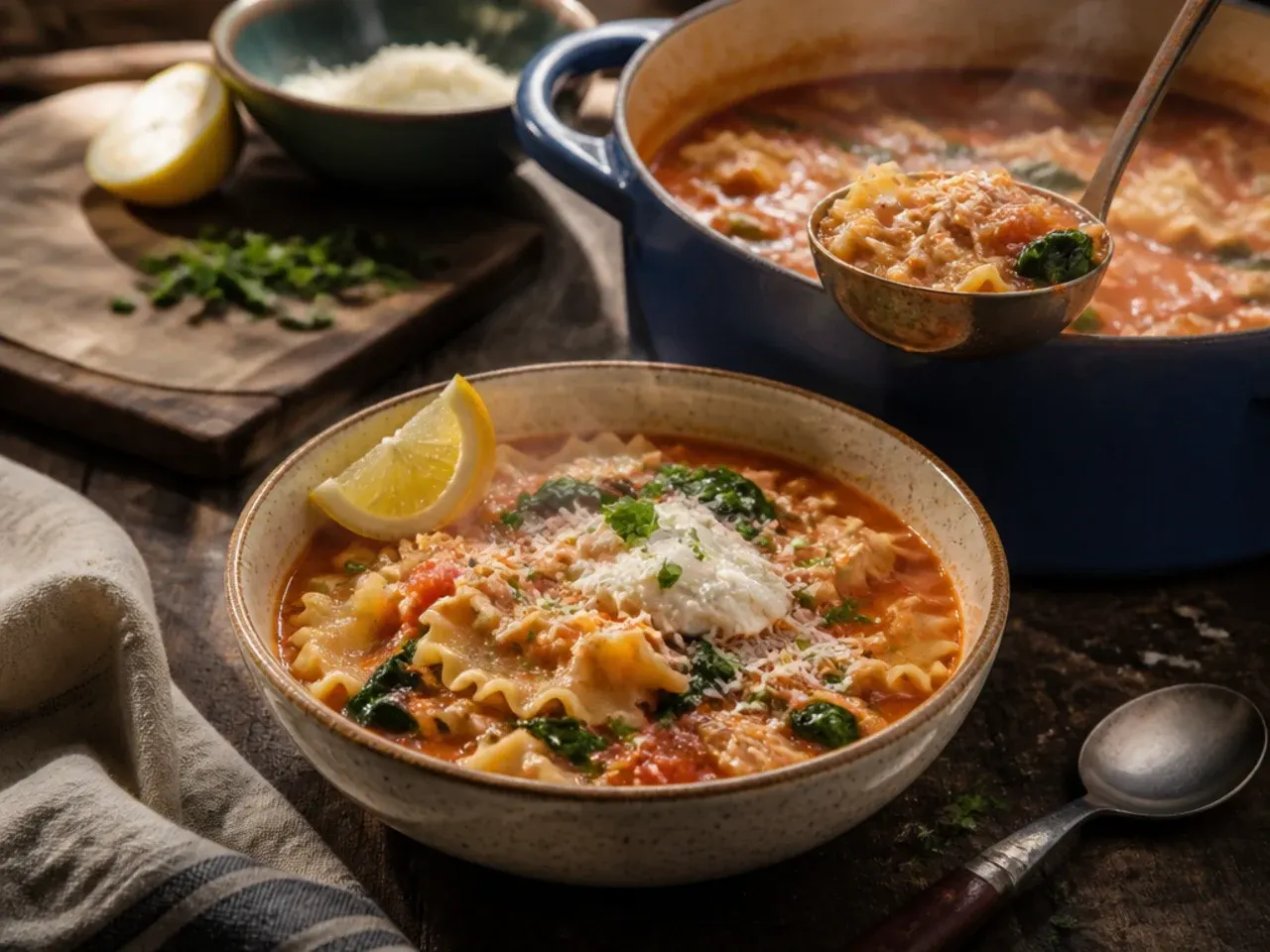 Creamy chicken lasagna soup with wilted spinach ribbons swirled through the broth.