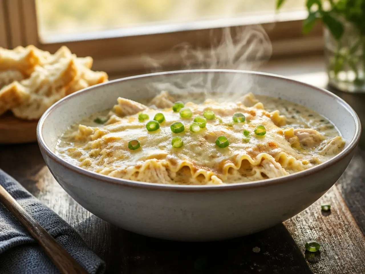 Pale, creamy white chicken lasagna soup in a rustic bowl with a swirl of cream on top.