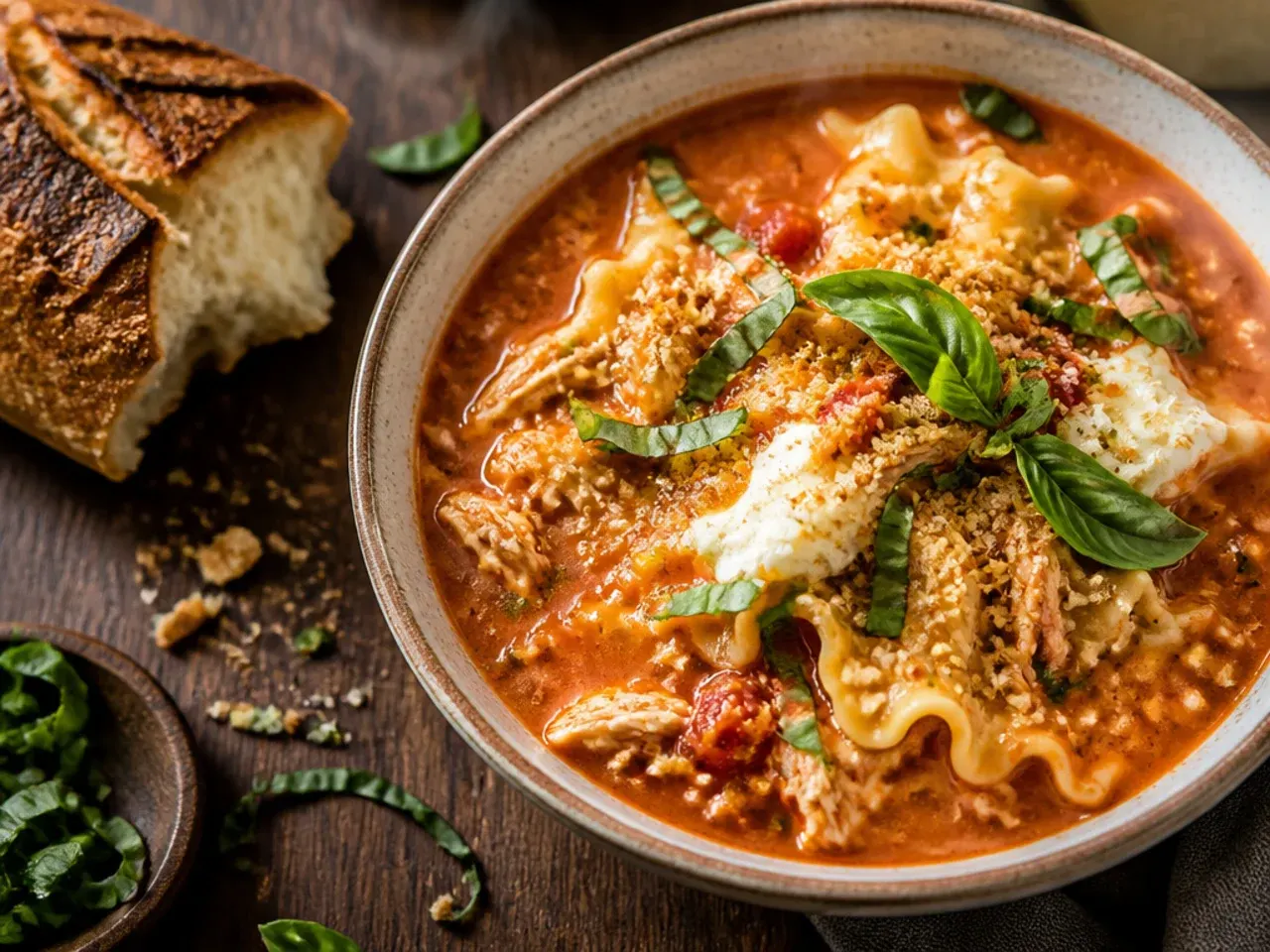 Simple five-ingredient chicken lasagna soup with just chicken, pasta, and melted cheese visible.