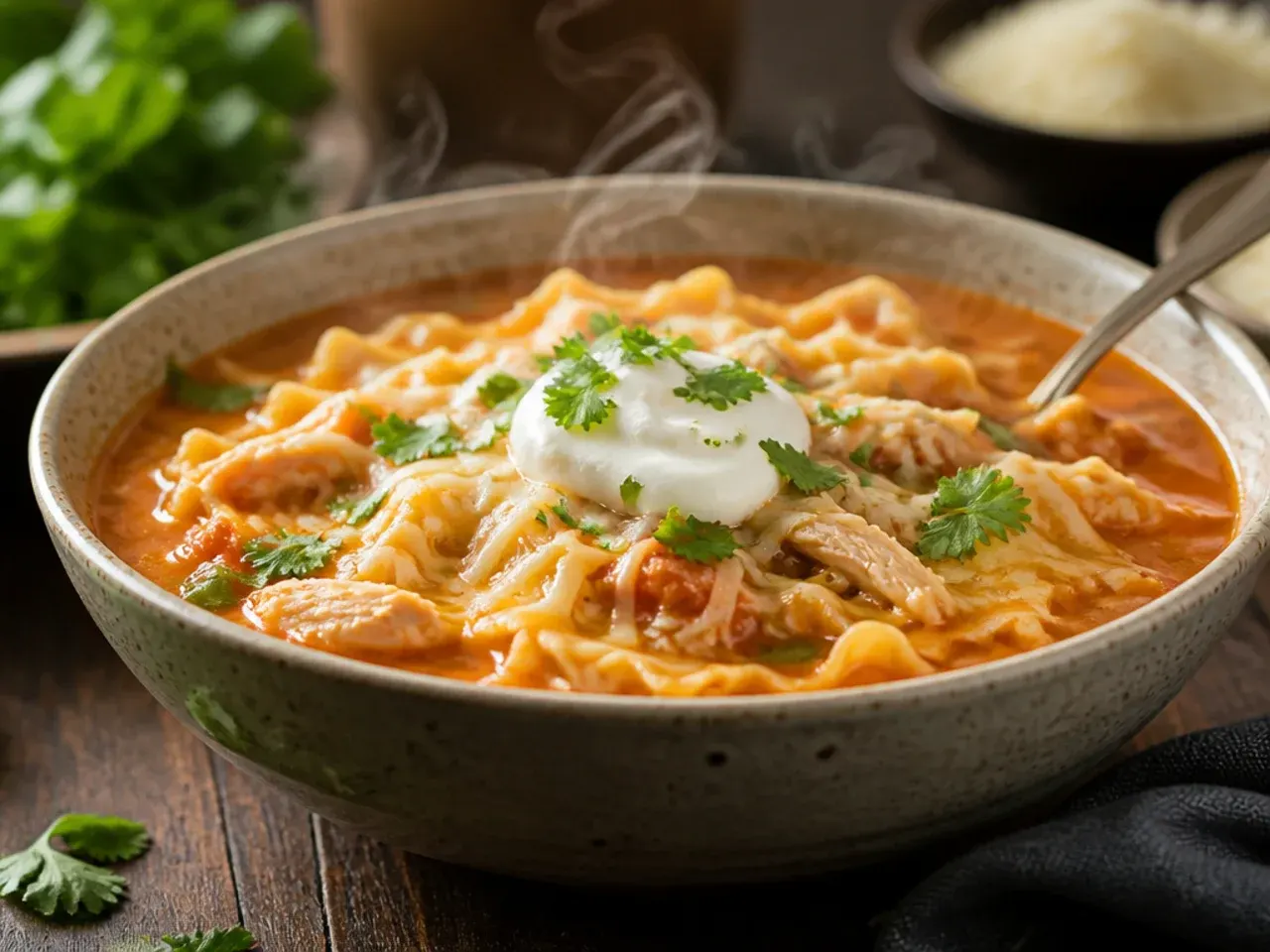Chicken lasagna soup topped with a generous dollop of ricotta and stretchy melted mozzarella.