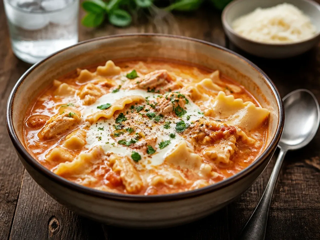 Herb-flecked chicken lasagna soup garnished with fresh basil and oregano leaves.