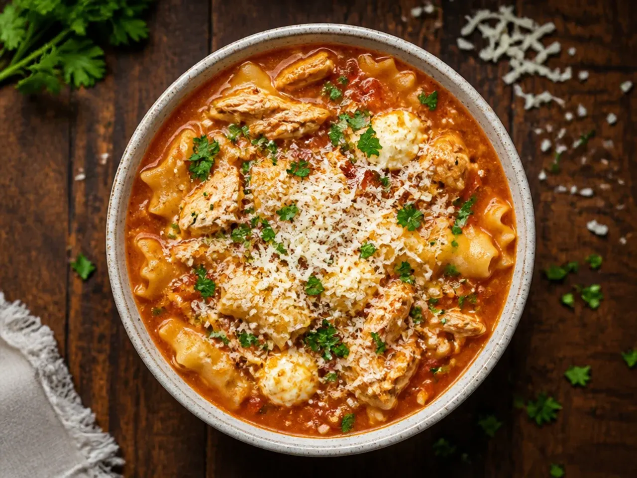 A humble bowl of budget chicken lasagna soup made with cheddar and broken spaghetti.