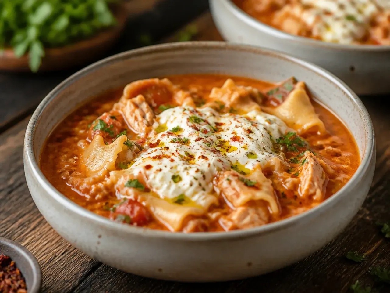 A single Dutch oven filled with finished one-pot chicken lasagna soup, steam rising.