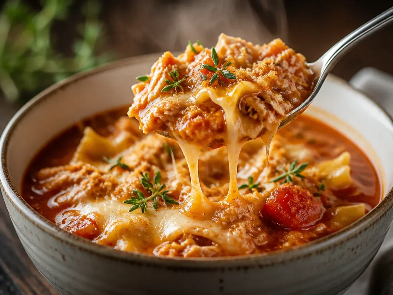 Rustic, chunky tomato chicken lasagna soup with visible pieces of hand-crushed tomato.